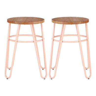 District Wooden Hairpin Stools With Pink Metal Legs In Pair