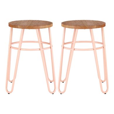 District Wooden Hairpin Stools With Pink Metal Legs In Pair