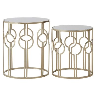 Avantis Mirrored Glass Circle Design Set of 2 Side Tables With Champagne Frame