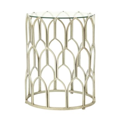 Merlin Round Clear Glass Side Table With Silver Leaf Base
