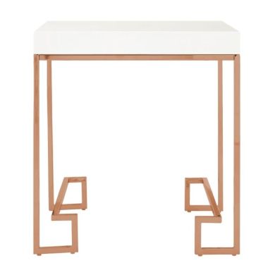 Anaco White High Gloss Wooden End Table With Rose Gold Frame