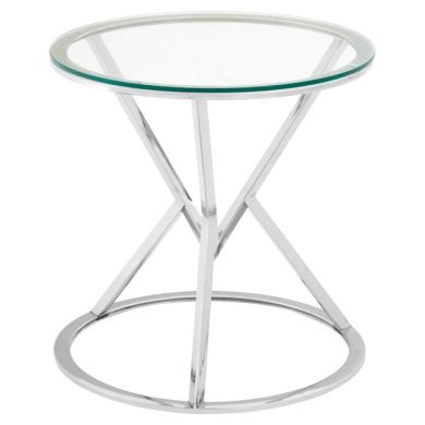Anaco Corseted Round Clear Glass End Table With Silver Frame