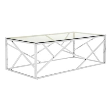 Anaco Clear Glass Coffee Table In Silver Geometric Stainless Steel Frame