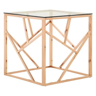 Anaco Glass Top Side Table In Rose Gold Geometric Stainless Steel Frame