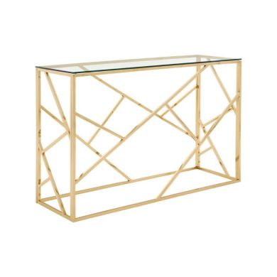 Anaco Clear Glass Console Table With Champagne Gold Geometric Frame