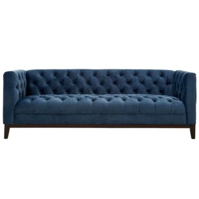 Sabine Velvet 3 Seater Sofa In Midnight Blue With Wooden Legs
