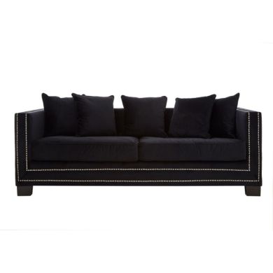 Safara Velvet 3 Seater Sofa In Black With Wooden Legs