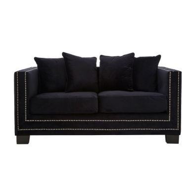 Safara Velvet 2 Seater Sofa In Black With Wooden Legs