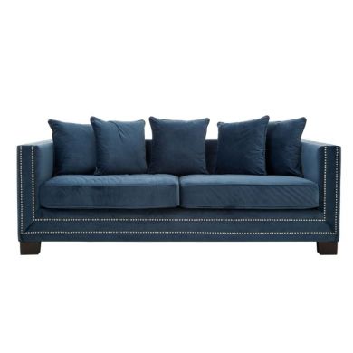 Safara Velvet 3 Seater Sofa In Midnight Blue With Wooden Legs