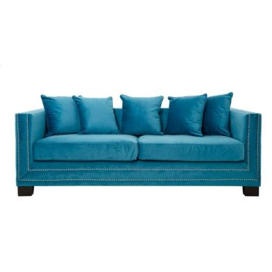 Safara Velvet 3 Seater Sofa In Cyan Blue With Wooden Legs
