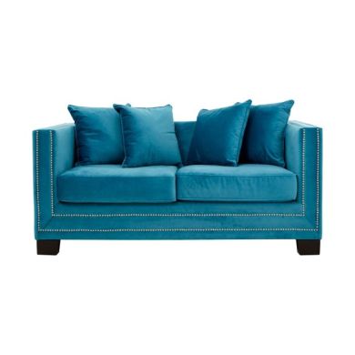 Safara Velvet 2 Seater Sofa In Cyan Blue With Wooden Legs