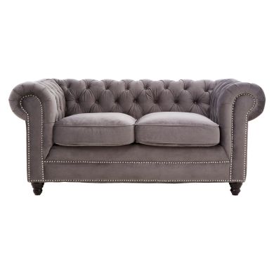 Stella Polyester Velvet 2 Seater Sofa In Grey With Carved Wooden Feets