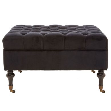 Sabrina Velvet Footstool In Onyx With Pine Wood Legs