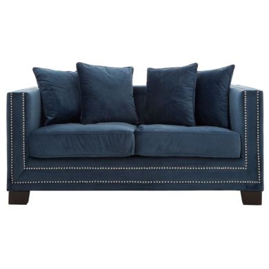 Safara Velvet 2 Seater Sofa In Midnight Blue With Wooden Legs