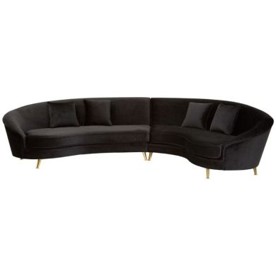 Ramos Velvet 5 Seater Curved Corner Sofa In Black With Gold Metal Legs