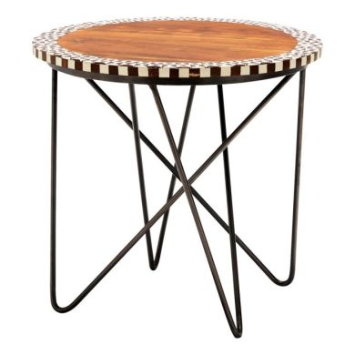 Achille Round Wooden Side Table In Natural With Black Metal Legs