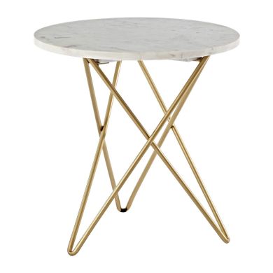 Nirav White Marble Top Side Table With Gold Geometric Legs