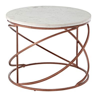 Nirav Round White Marble Top Coffee Table With Copper Zig Zag Frame