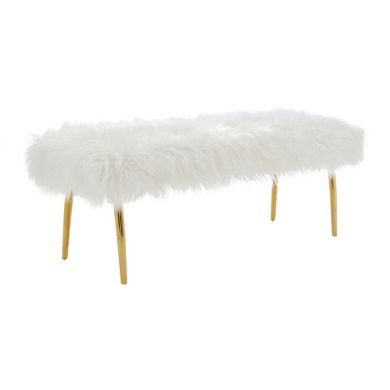 Clarence Natural Fur Effect Velvet Upholstered Dining Bench With Gold Legs
