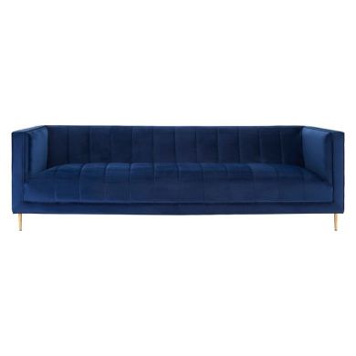 Odell Velvet 3 Seater Sofa In Deep Blue With Gold Metal Legs