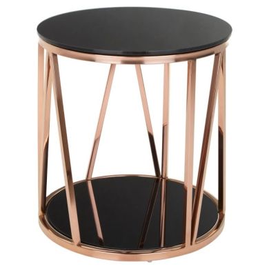 Aurora Round Glass Top Side Table In Black With Rose Gold Frame