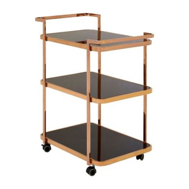 Aurora 3 Tier Drinks Trolley With Black Glass Shelves And Rose Gold Frame