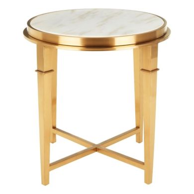 Aurora Round Marble Top Side Table In White With Gold Legs