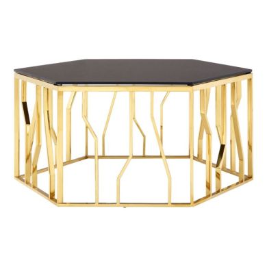 Aurora Hexagonal Glass Top Coffee Table In Black With Gold Frame