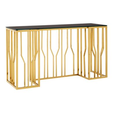 Aurora Rectangular Glass Top Console Table In Black With Gold Frame