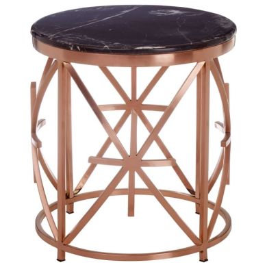 Aurora Round Marble Top Side Table In Black With Rose Gold Frame