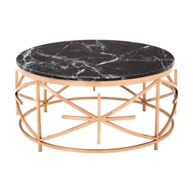 Aurora Round Marble Top Coffee Table In Black With Rose Gold Base