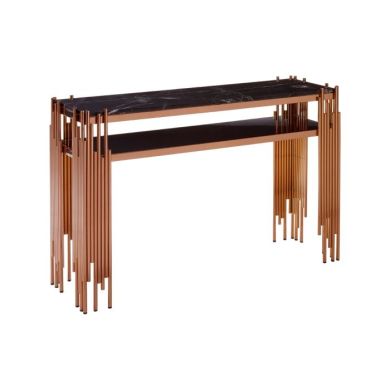 Aurora Marble Top Console Table In Black With Rose Gold Frame