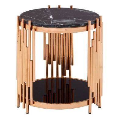 Aurora Marble Top Side Table In Black With Rose Gold Frame
