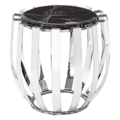 Aurora Round Marble Top Side Table In Black With Chrome Frame