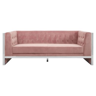 Vogue Polyester Velvet 3 Seater Sofa In Pink With Stainless Steel Frame