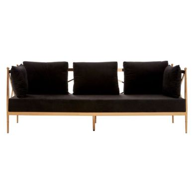 Nakisia Velvet 3 Seater Sofa In Black With Rose Gold Lattice Arms