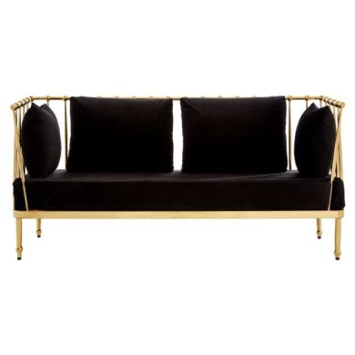 Nakisia Velvet 2 Seater Sofa In Black With Gold Tapered Arms