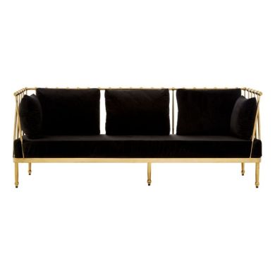 Nakisia Velvet 3 Seater Sofa In Black With Gold Tapered Arms