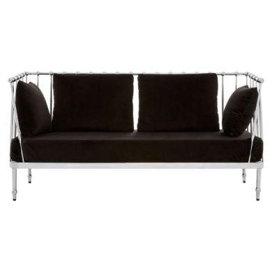 Nakisia Velvet 2 Seater Sofa In Black With Silver Tapered Arms