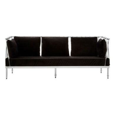 Nakisia Velvet 3 Seater Sofa In Black With Silver Tapered Arms