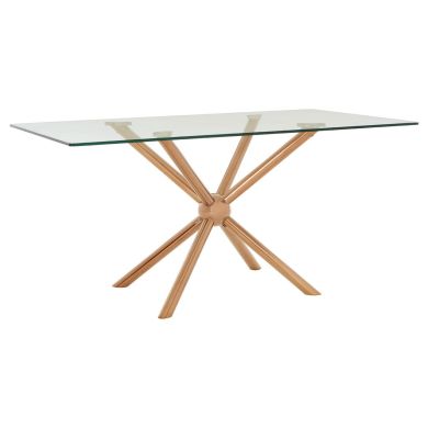 Novo Clear Glass Top Dining Table In Cross Rose Gold Steel Legs