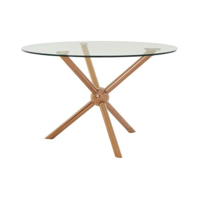 Novo Round Clear Glass Top Dining Table In Cross Rose Gold Steel Legs