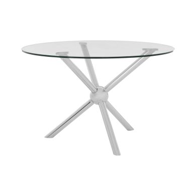 Novo Round Clear Glass Top Dining Table In Cross Silver Steel Legs