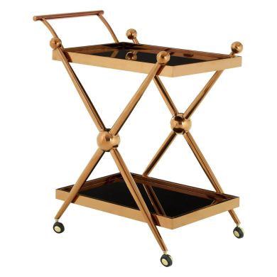 Novo Cross Design Bar Trolley With 2 Glass Tier In Rose Gold Steel Frame