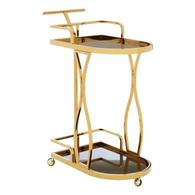 Novo Wavy Design Bar Trolley With 2 Glass Tier In Gold Steel Frame