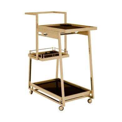 Novo Bar Trolley With 3 Glass Tier In Gold Steel Frame