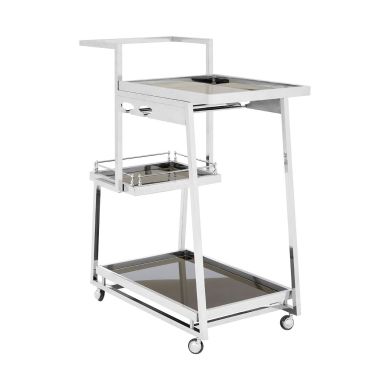 Novo Bar Trolley With 3 Glass Tier In Silver Steel Frame