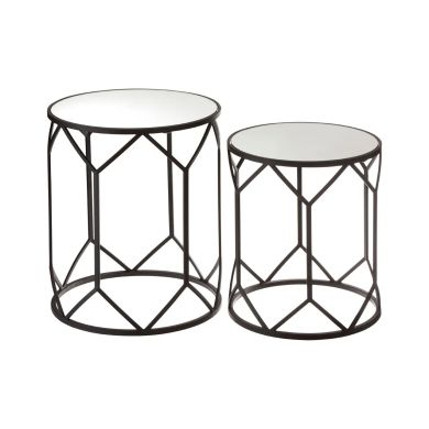 Avantis Mirrored Glass Set Of 2 Side Tables With Black Polygonal Frame