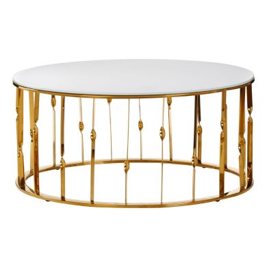 Arezzo Round Glass Coffee Table In White With Gold Stainless Steel Base