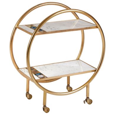 Vizzini Agate Stone Shelves Drinks Trolley In Gold Metal Frame